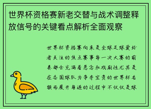 世界杯资格赛新老交替与战术调整释放信号的关键看点解析全面观察